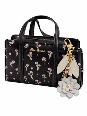 Betsey Johnson Black Floral Satchel with White Flower Charm. NWT